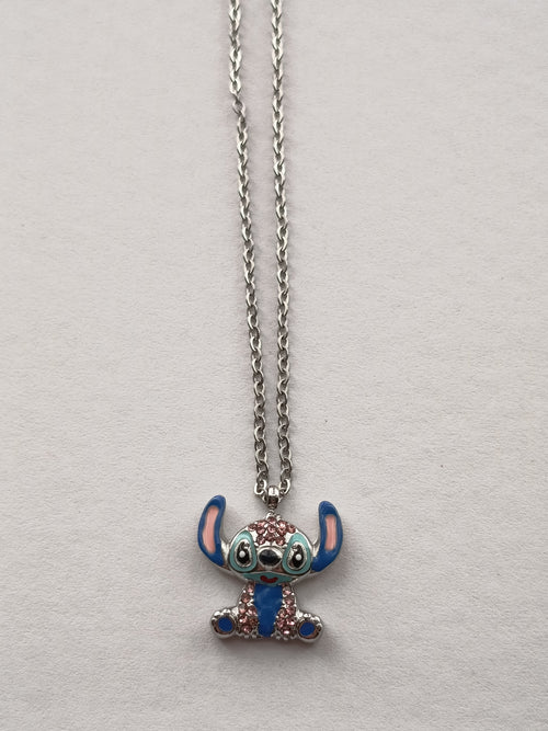 Κολιέ Stitch με ροζ στρας και αλυσίδα ανοξείδωτου ατσαλιού